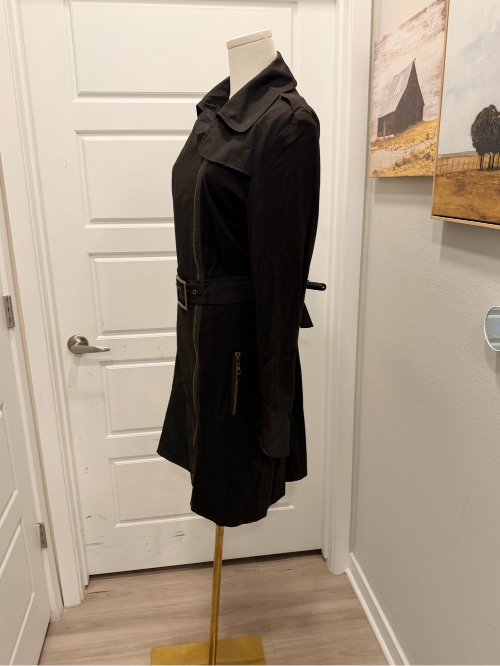 Per Se Dark Brown Classic Belted with Stretch Panels Versatile Collar Coat - Picture 8 of 15
